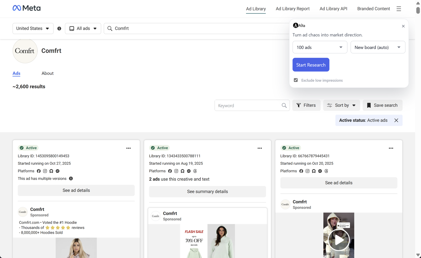 Alta Meta Ad Library research extension interface